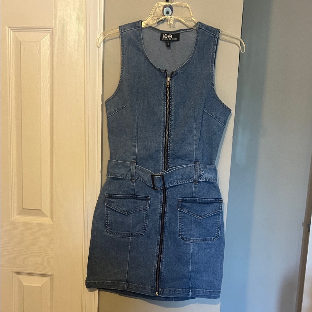 Denim Zip Front Mini Dress with Belt - Blue